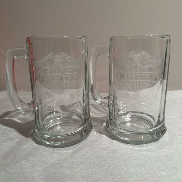 Harley Davidson Glass Beer Stein Drink Mugs Set of 2 - Picture 1 of 11